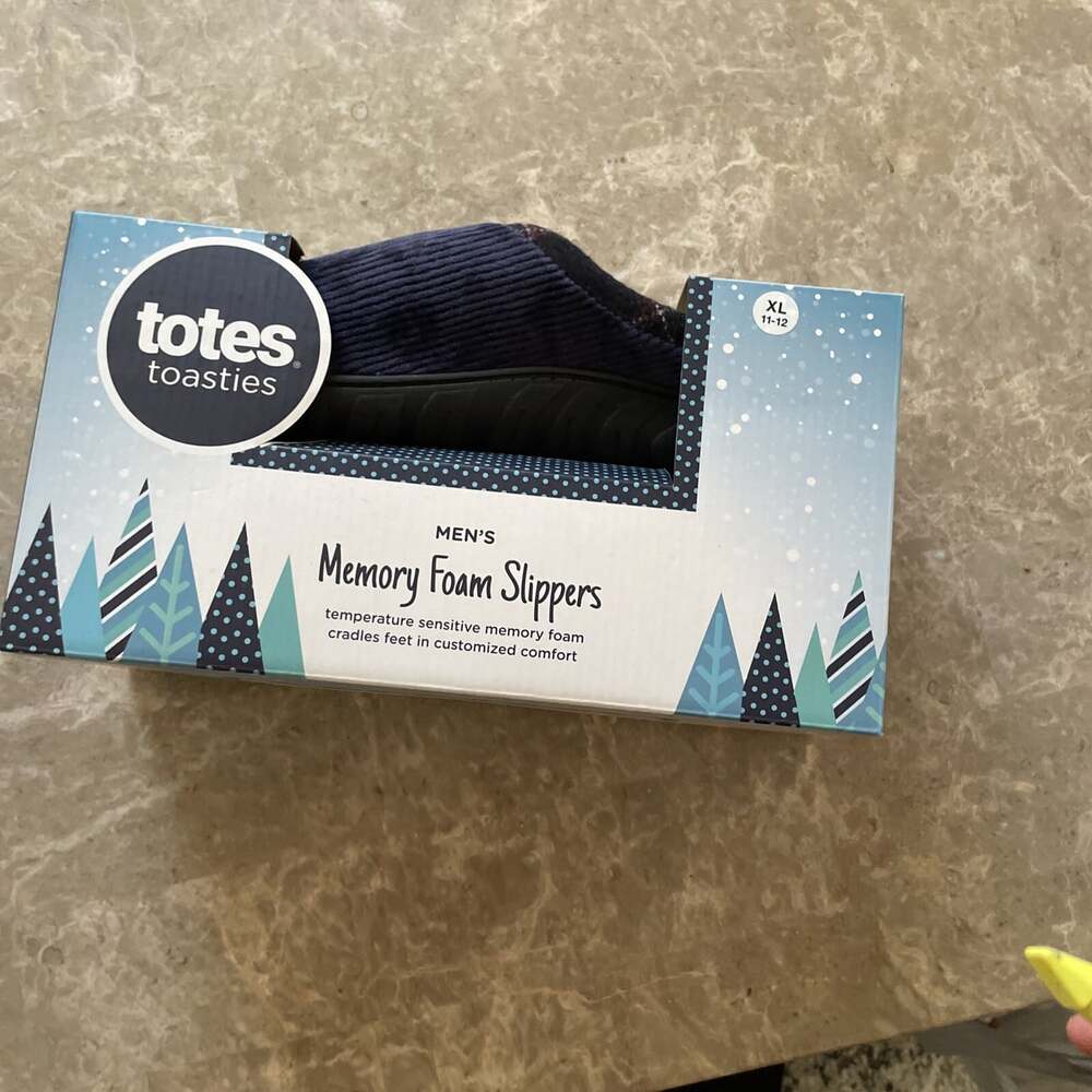 Totes Toasties Memory Foam Slippers Navy Blue Corduroy Plaid Trim Men's XL 11-12